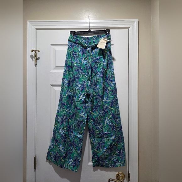 Midnight Sky Linen Green and Blue Patterned Women's Pants - Picture 1 of 3